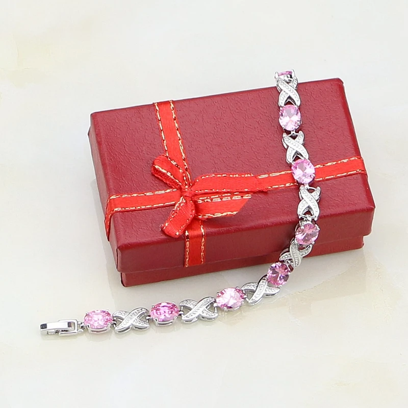 925 пробы серебряные ювелирные изделия Мистик розовый кубический цирконий цепь и звено браслет рождественские подарки для женщин подарочная коробка