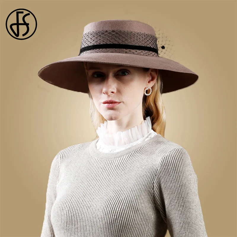 

FS Elegant Brown Felt Flat Top 100% Wool Hats For Women Winter Fedoras Wide Large Brim Bowler Cap With Veils Ladies Derby Hats