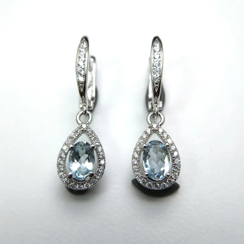 

Rosalie,small cute natural blue aquamarine gemstone clasp dangle earring 925 sterling silver fine jewelry for girls nice gift