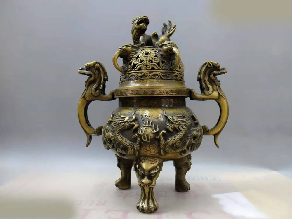 

12" China brass copper carved Foo Dogs Lion many dragon Incense burner censer (D0426)