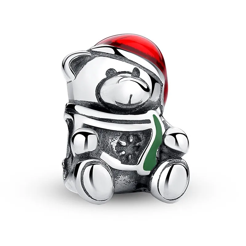 Authentic 925 Sterling Silver Christmas Bear Charm Red Green Enamel Bead fit European Beads Charms Pandora Bracelets Jewelry | Украшения и