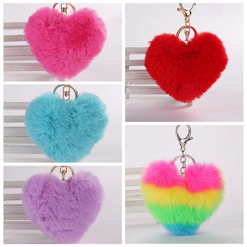 

Lovely Fluffy Heart Shape Pompoms Keychain Rainbow Plush Balls Key Chains Women Bag Car Handbag Pendant Keyring Jewelry Gifts