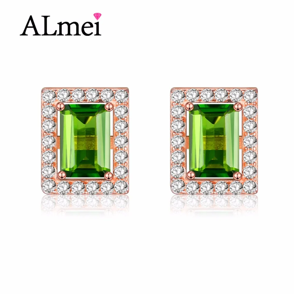 Almei 925 пробы серебро квадратные серьги с кристаллом из розового золота Цвет зелёный диопсид драгоценный камень серьги-гвоздики для Для женщин 40% FR004 - Цвет камня: Green
