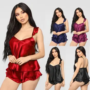 

2019 Womens Lady Sexy Satin Lace 2Pcs Sleeping Clothes Solid Babydoll Sleeveless Solid Tops Night Ruffle Shorts Summer Set S-L