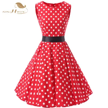 

SISHION Red Dress with Polka Dot Women Summer Hepburn 50s 60s Big Swing Vintage Party High Waist Cotton Dress Elegant VD0140