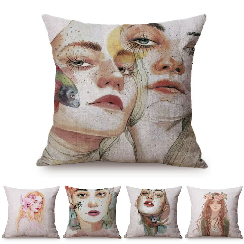 

Watercolor Art Charming Fashion Girl Self-Portrait Room Decorative Cushion Cover Beautiful Woman Printing Sofa Throw Pillow Case