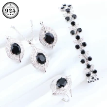 925 стерлингового серебра свадебные комплекты украшений для женщин украшения для свадебного наряда черный циркон серьги кольцо ожерелье набор подарочная коробка