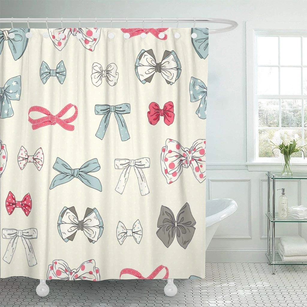 Shower Curtain With Hooks Ribbon With Bows Beige Pink Brown And Turquoise Colors Doodle In Vintage Style Girly Bathroom Shower Curtains Aliexpress
