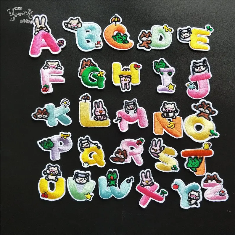 

Colorful Letters w cartoon Patch Alphabet Embroidered Applique Letters iron on Patches