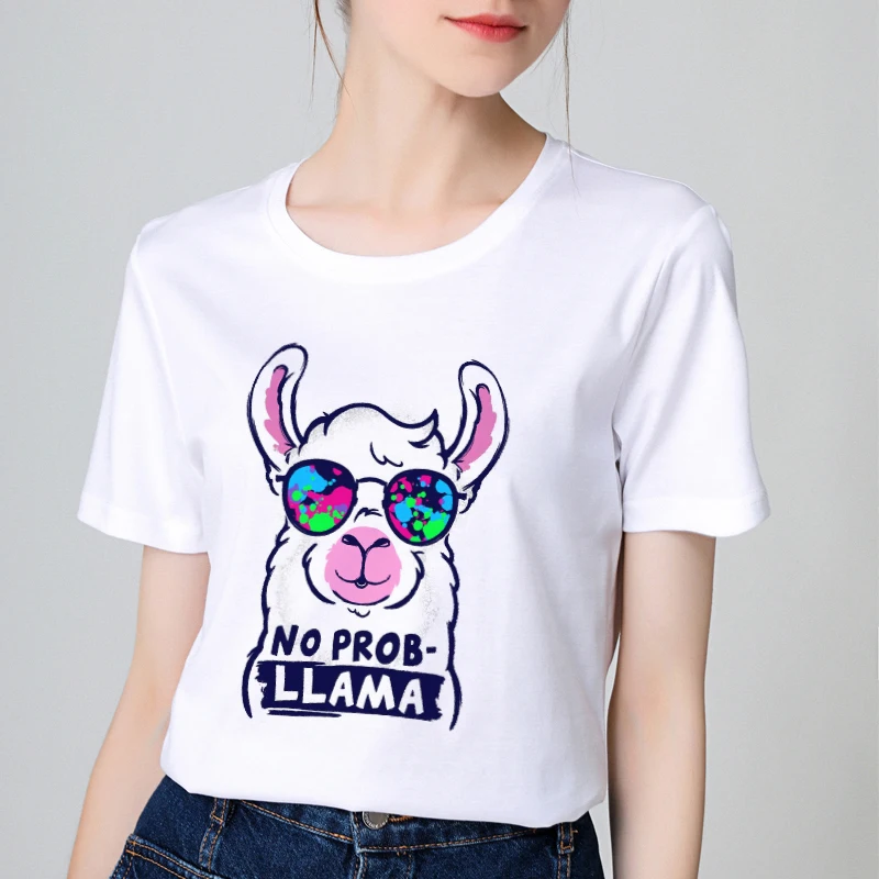 

2019 New Cotton Tshirt Women Harajuku Aesthetic No Problem Llama T shirt Short Sleeve Femme T-shirt Modis Top Tees Streetwear