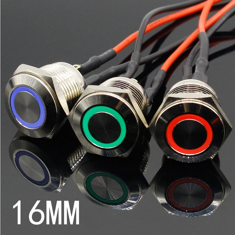 

1PC 16mm 3V 5V 12V 220V Angel Eye Aluminum Metal LED Power NO Push Button Switch Self-reset Metal Switch Normally Open
