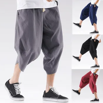 

2019 Ankle-Length Linen Plaid Men Hip Hop Jogger Men's Summer Fashion Leisure Pure Color Linen Loose Calf-Length Pants 5.10