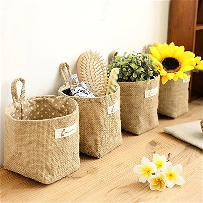

Mini Cotton Linen Storage Bag Kids Toy Storage Basket Sundries Organizer Door Wall Hanging Pocket Pouch Makeup Cosmetic Holder