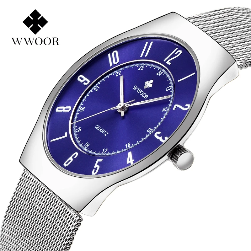 

WWOOR Top Brand Men Luxury Watches Steel Mesh Strap Quartz Watch Ultra Thin Fashion Men Sport Waterproof Watch Relogio Masculino