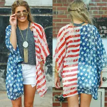 Women Lady Independence Day Bikini Cover Up Cardigan Kimono Swimwear Beach Dress Two-Piece Separates