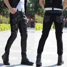 Весна Лето Личность сращивания кожаные брюки мужские Штаны штаны-шаровары мужские ноги брюки Модные мужские панталоны Street Новинка