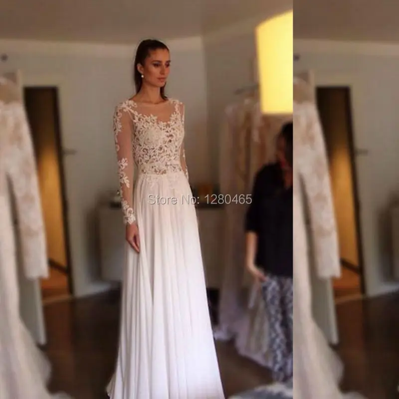de manga larga de gasa bohemia playa vestido de novia de espalda