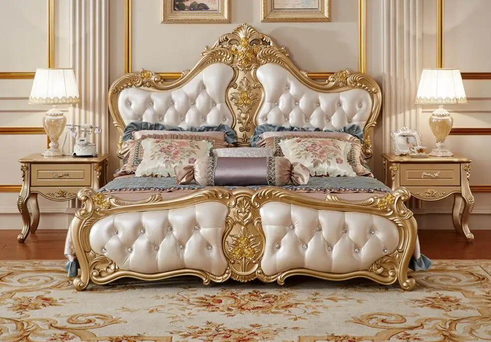Gorgeous Khắc King Size Giường Mềm, Châu Âu Royal Luxury Leather Giường Gỗ Rắn Bậc Thầy Điêu Khắc Phòng Ngủ Giường MB 0313|Beds| - AliExpress