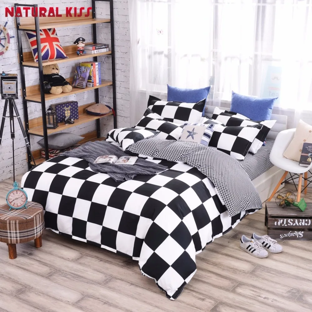 Buy Black and white Plaid Polyester Bedding Sets