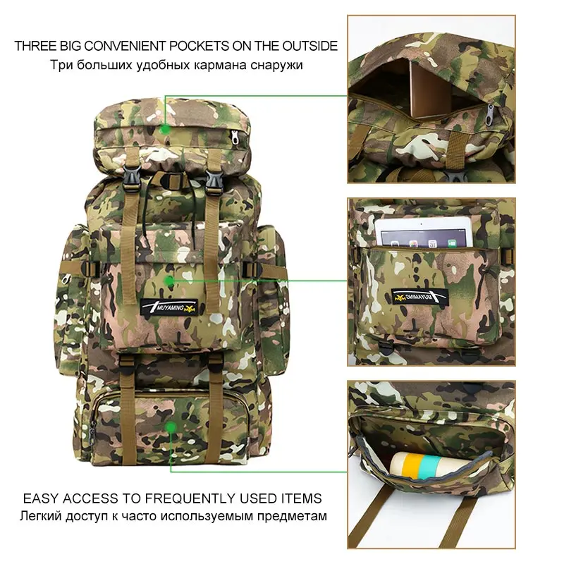  Military Men 70L Tactical Bag Mountaineering Backpack Outdoor Travel Climbing Backpack Waterproof H