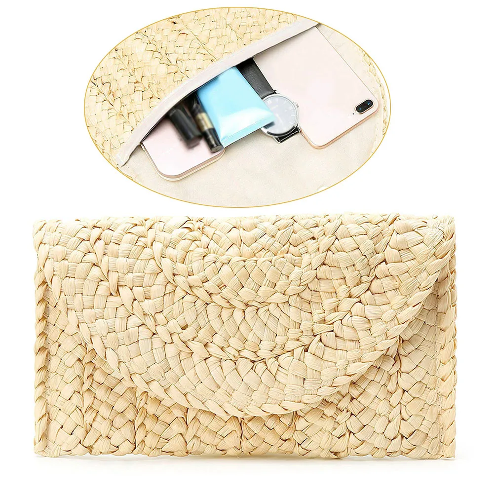 

Fashion Women Retro Straw Knitted Handbag For Key Money Harajuku Luxury Beach Long Bags Tote Clutch Female Beige Envelope Purse