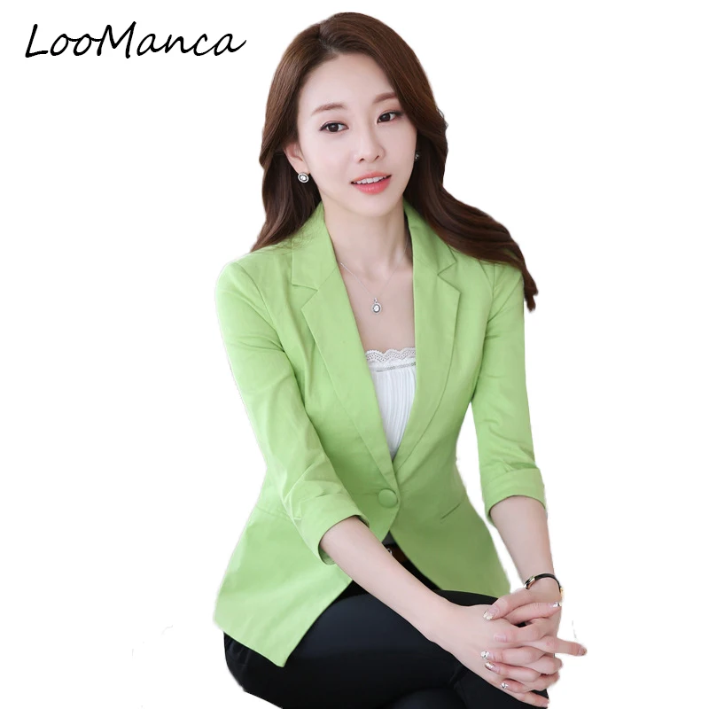 

Top Quality Summer Spring Women Work Wear Suit Coat Female Fashion Slim Three Quarter Candy Color Green Black Blazer Jacket