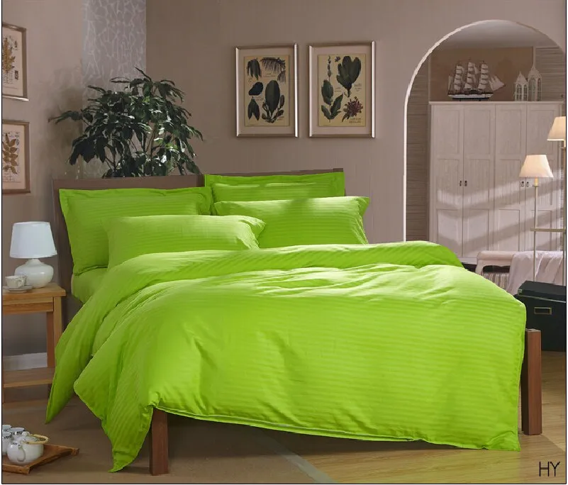 Постельных принадлежностей хлопок Саржа одеяло сатиновая скатерть полосы Белый постельное белье для отеля наборы King size 4 шт - Цвет: Зеленый