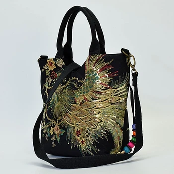 

Canvas Women Peacock Embroidery Ethnic Handbag Crossbody Purse Ladies Tote Shoulder Bag