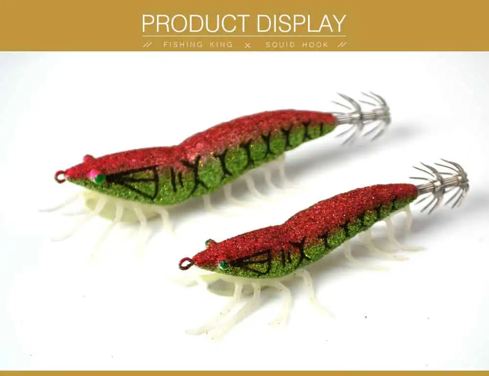 Description Picture 6 of itemFTK 15g 20g Luminous Squid Jig Sea Fishing Lure Wood Shrimp 3D Eyes Squid Hook Hard Artificial Baits Soft Feet Fishing