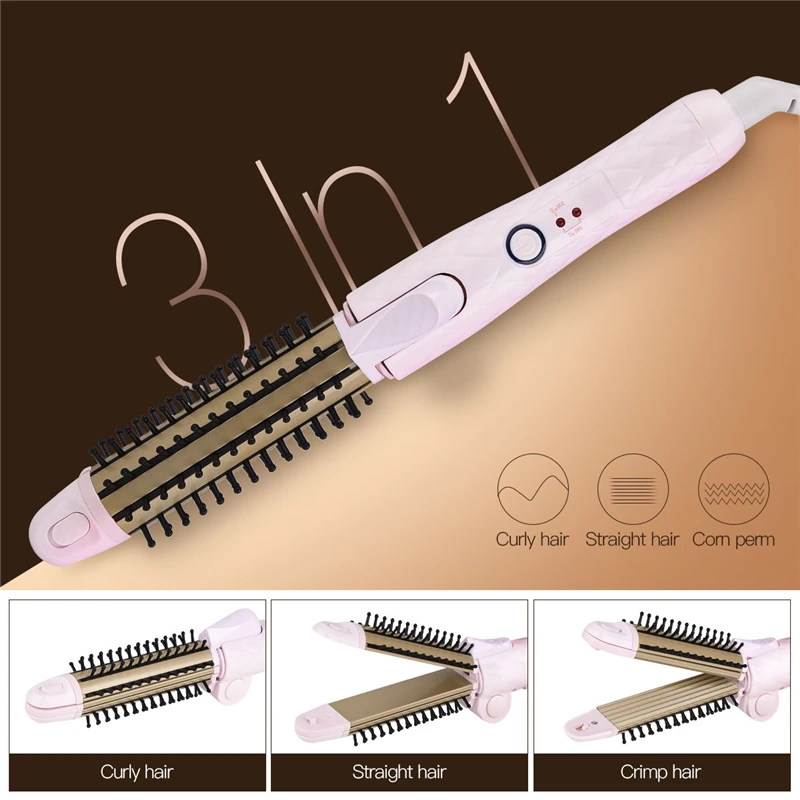 

3 in 1 Travel Fast Heating Electric Hair Brush Straightening Flat Curling Iron Waver Roller Comb Corn Plate Foldable Hair Curler