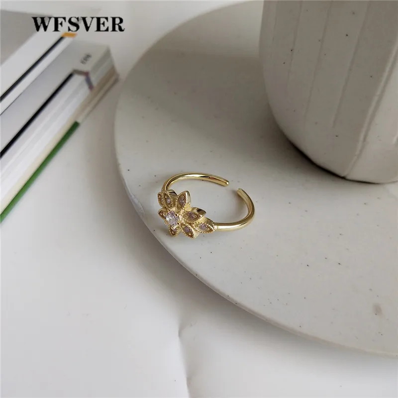 

WFSVER 925 sterling silver ring for women gold color with white crystal geometric ring opening adjustable fine jewelry gift