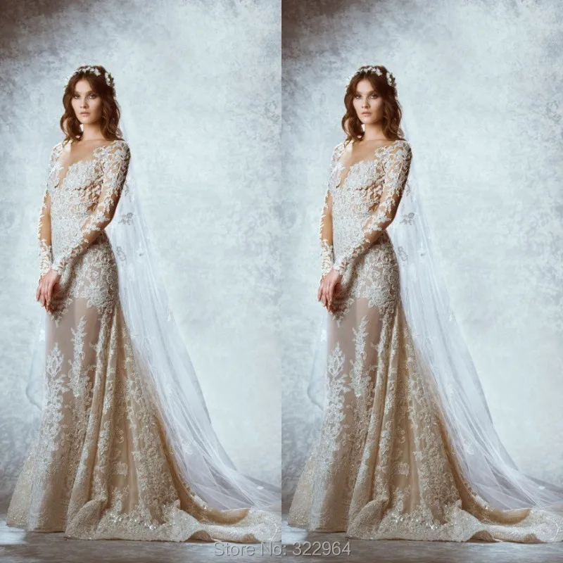 Designer Y Zuhair Murad Wedding Dresses 2017 Champagne Beaded Designer Y Zuhair Murad Wedding Dresses 2017 Champagne Beaded Sweetheart Long Sleeve See Through Mermaid Lace