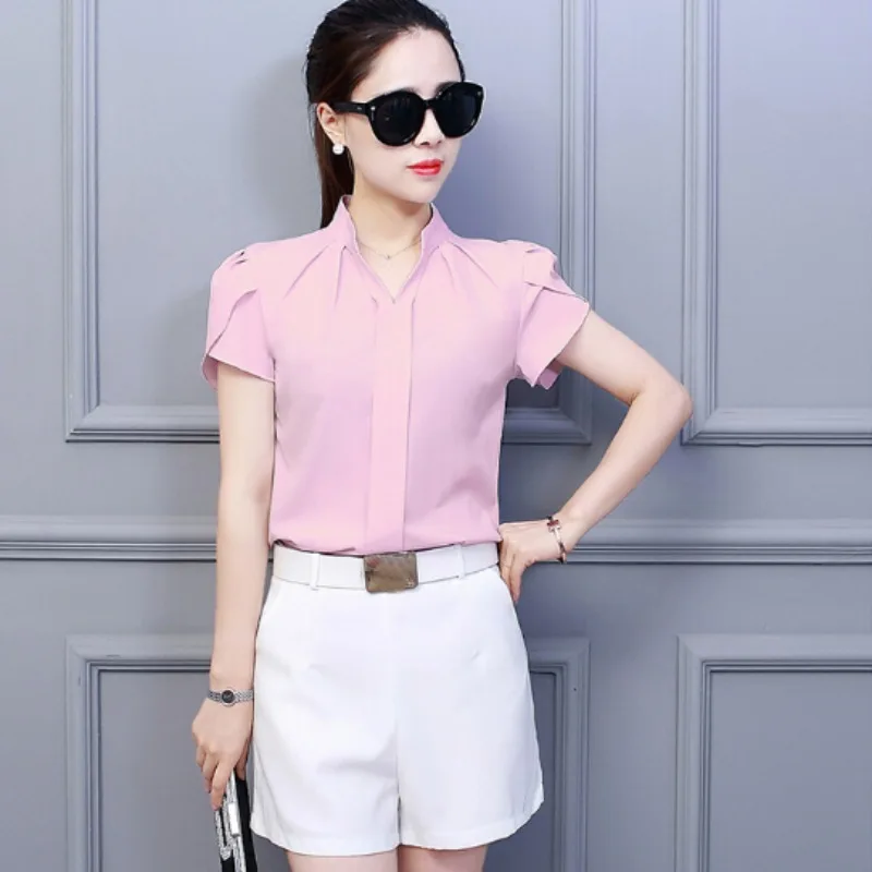 Women V Neck Chiffon Blouse Short Sleeve Solid Color Shirt Large Sizes Bodycon Elegant Ladies Autumn Fashion Shirt