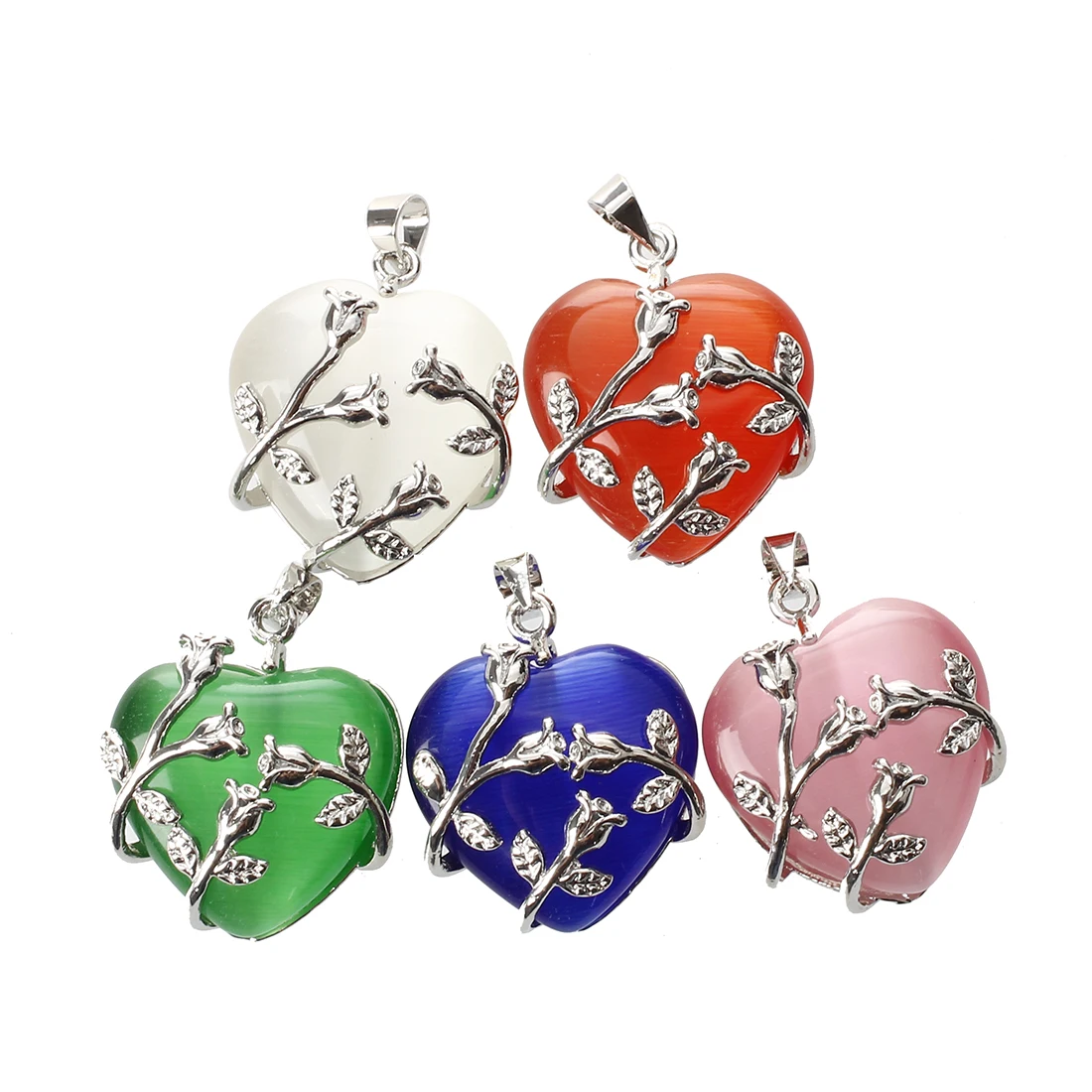 

5 Heart Rose Flower Cat's Eye Pendants Beads 1x0.83