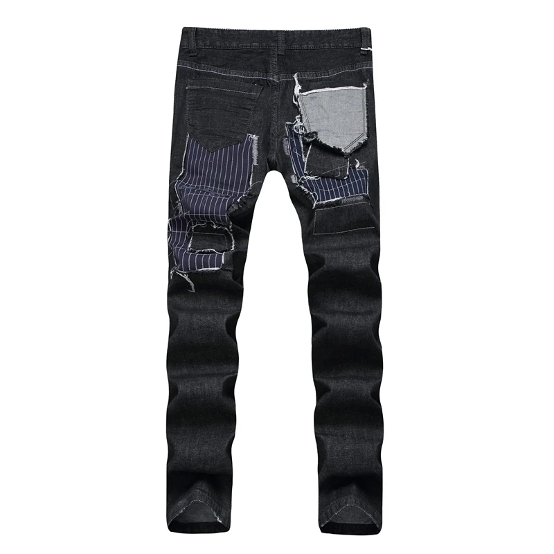Gmancl Для мужчин лоскутное патч разрушенные Тонкий джинсовые штаны рваные повседневные Хип-хоп Высокое качество Уличная Для мужчин Прямые джинсы брюки