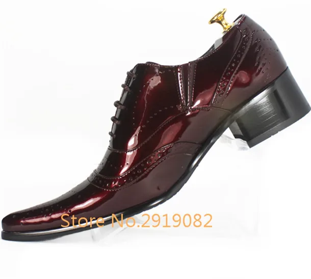 Top Quality Wine Red Black Patent Leather Men Flats Lace-Up Pointed Toe Men Dress Shoes Fashion Trendy Party Shoes Wedding Shoes