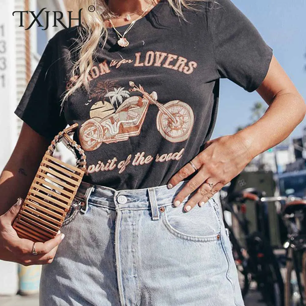 

TXJRH 2019 Vintage Front Motorcycle Letter Back Crane Coconut Tree Print T-Shirt Short Sleeve O-Neck Pullover Tees Tops Summer