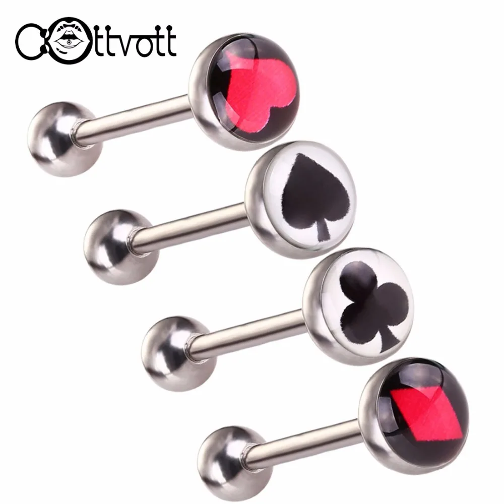 

4pcs/lot Spade Heart Square Clubs Design Tongue Ring Hypoallergenic Stainless Steel Barbell Body Piercing Jewelry 14 Gauge SD089