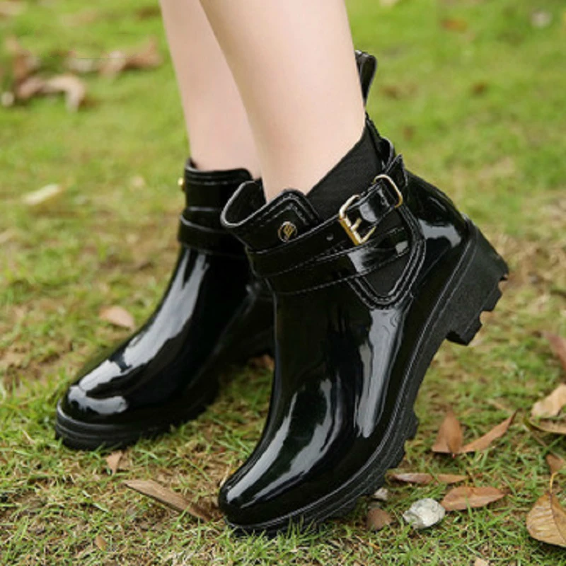 

New Rain Boots Warm Buckle Platform Slip On Pvc Waterproof Motorcycle Bowtie Ankle Flat With Woman Shoes