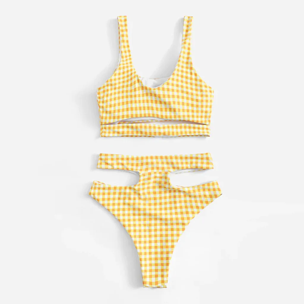 CHAMSGEND летний сексуальный Желтый Клетчатый раздельный маленький свежий купальник