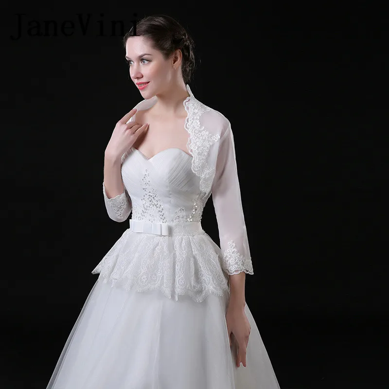 JaneVini белый Для женщин куртка с рукавами 3/4 Brautjacke с кружевной аппликацией летнее Болеро для невесты, с фатиновой юбкой, свадебное пальто шаль шарф, стола