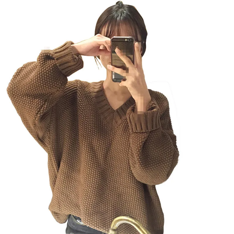 

B3372 2019 new autumn winter women's V collar thick solid color long-sleeved sweater loose student coat cheap wholesale