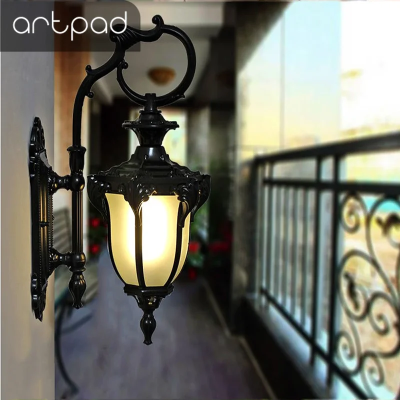 Artpad винтажный уличный светодиодный черный Янтарный медный настенный светильник с E27 лампочкой для крыльца, балкона, забора, сада, виллы, наружного внутреннего бра