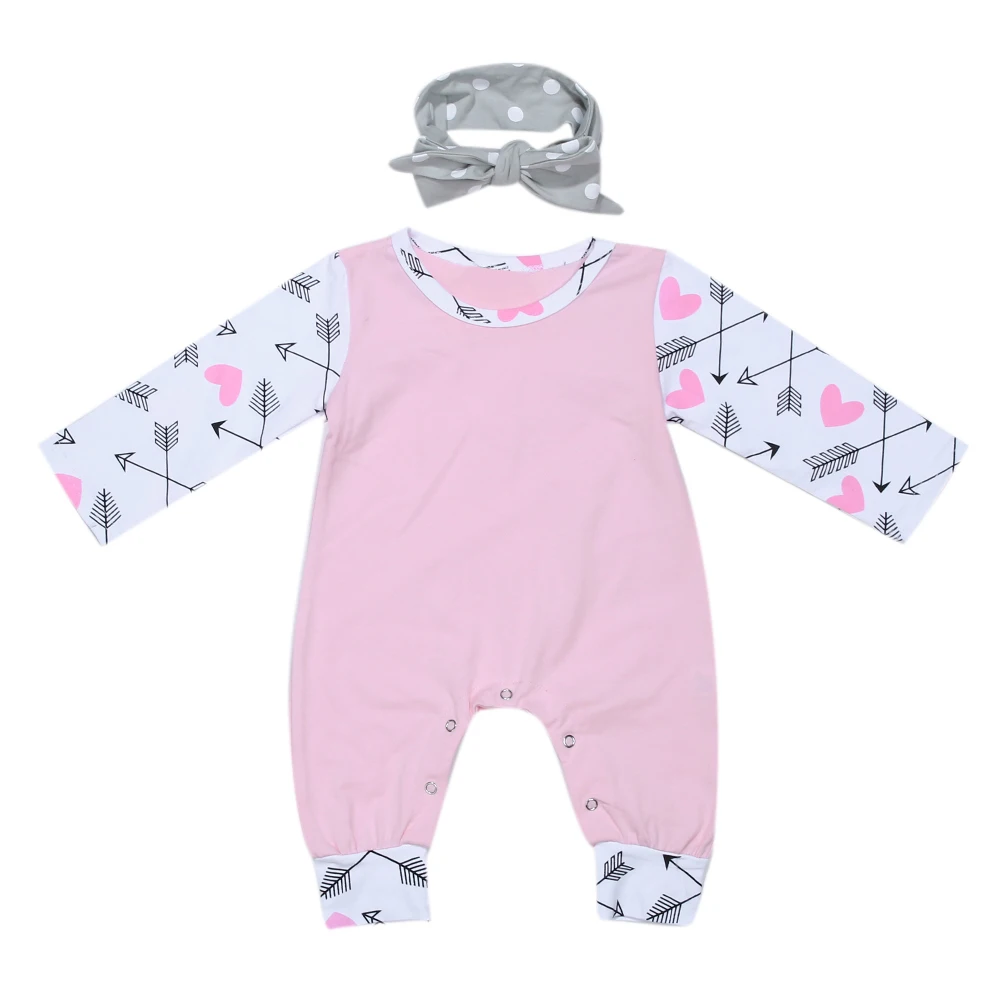 

2pcs Baby Girls Infant Pink Arrow Print Long Sleeve Jumpsuit Romper+Headband Baby Toddlers Clothing Set Outfit