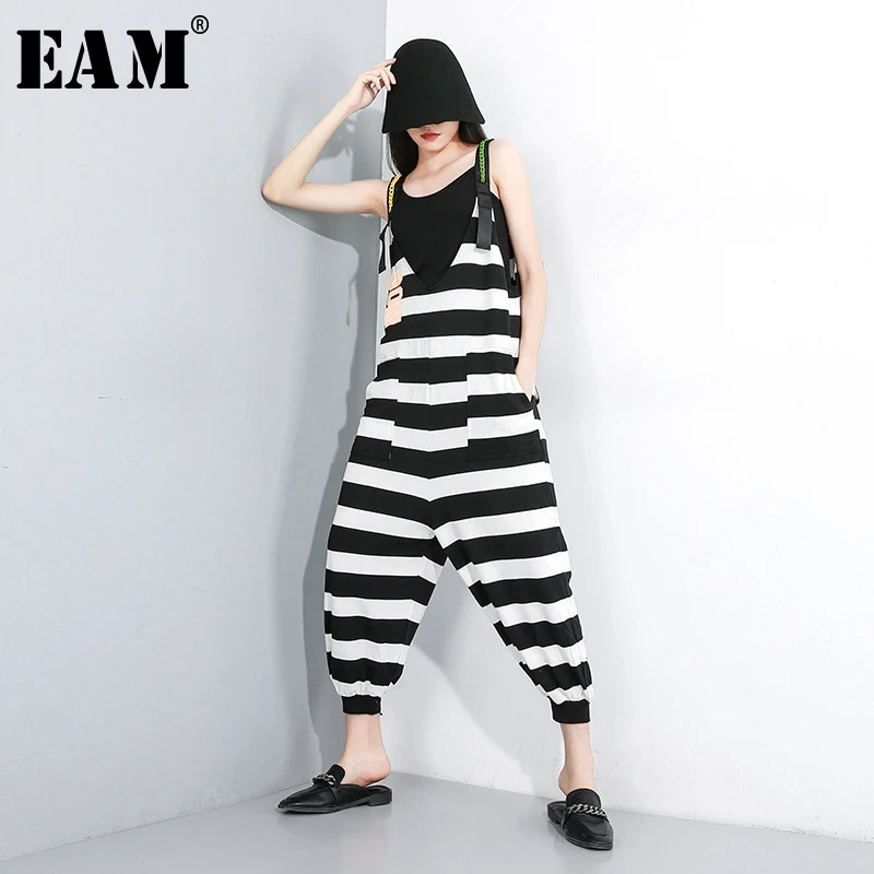 

[EAM] 2019 New Autumn Winter High Elastic Waist Black Striped Split Joint Loose Pants Women Trousers Overalls Fashion Tide JX486