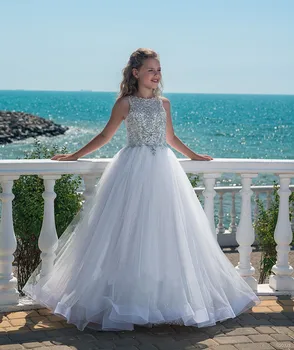 

Luxury Bling Bling Beaded Flower Girls Dresses for Wedding Ball Gown Girls Long Communion Dress Pageant Gown Size 2-16Y