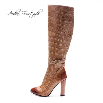 

Arden Furtado Fashion women's shoes winter 2019 zipper elegant ladies brown boots concise office lady big size chunky heels 11cm