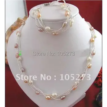

Natural Multicolor Pearl 3Rows AA 6-7MM Necklace 17'inchs & Bracelet 7.5'inch Fashion Jewelry Wholesale New Free Shipping FN2300