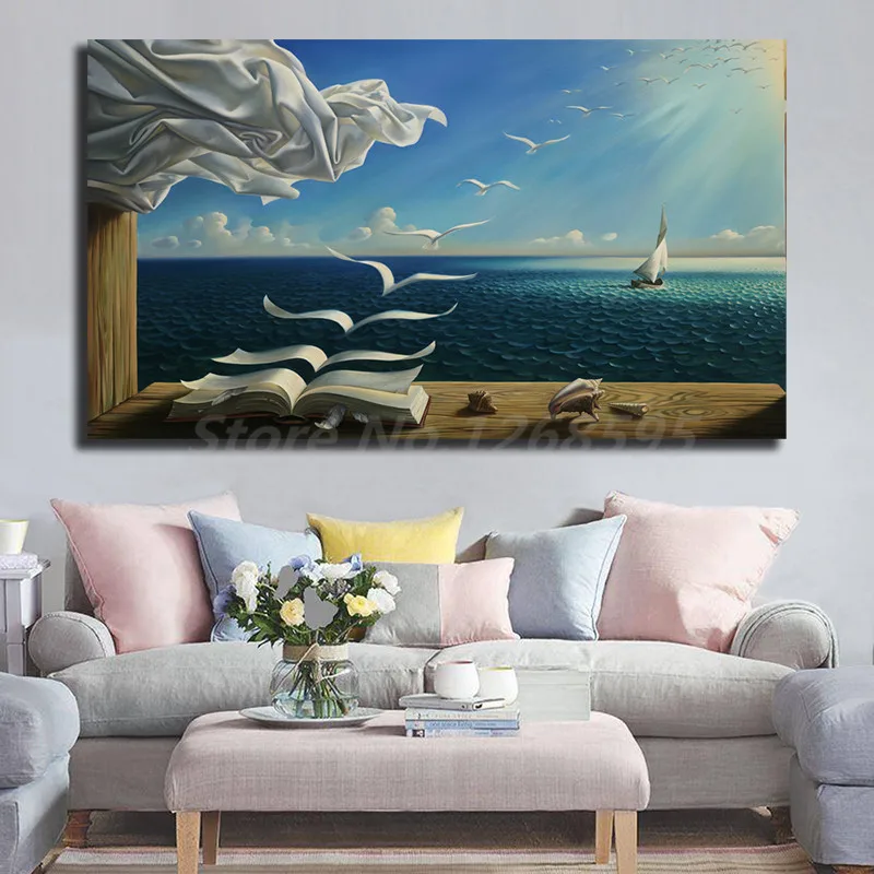 

Salvador Dali The Waves Book Sailboat Canvas Painting Print Living Room Home Decor Modern Wall Art Oil Painting Poster Artwork