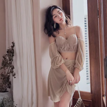 

2019 Two Pieces Swimsuit Women Off Shoulder Swimwear Lace Bathing Suits Korean Bikini Long Sleeve Tankini Maillot De Bain Femme